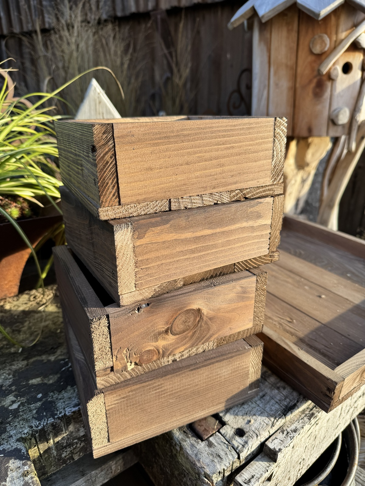 Holz Tablett eckig mit 4 kleinen Holzkisten - Durchmesser 40 cm