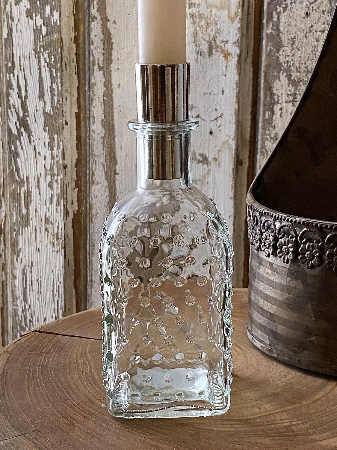 Kerzenhalter Glasflasche gepunktet klar mit Aufsatz silber - Höhe 15,5 cm
