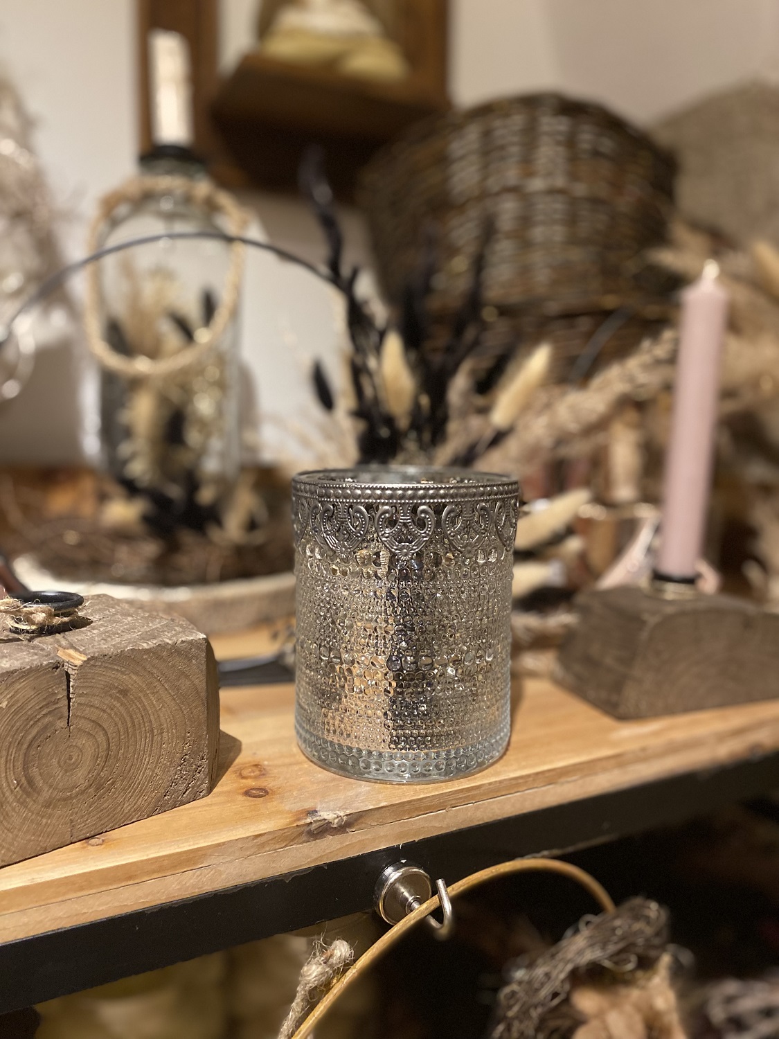 Glas Teelichthalter Caliente mit Metallverzierung - Höhe 12,5 cm