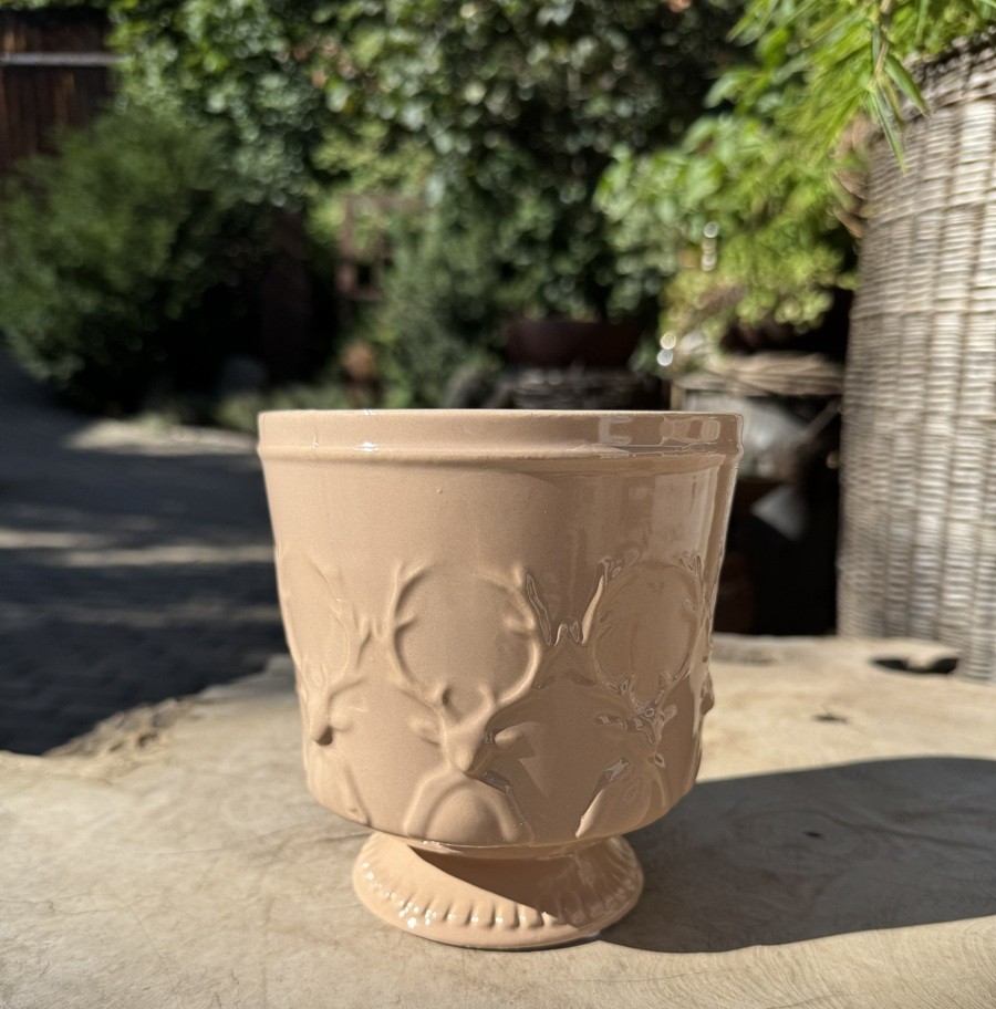 Keramik Pflanztopf mit Hirschmotiv Hellbraun - Höhe 14 cm