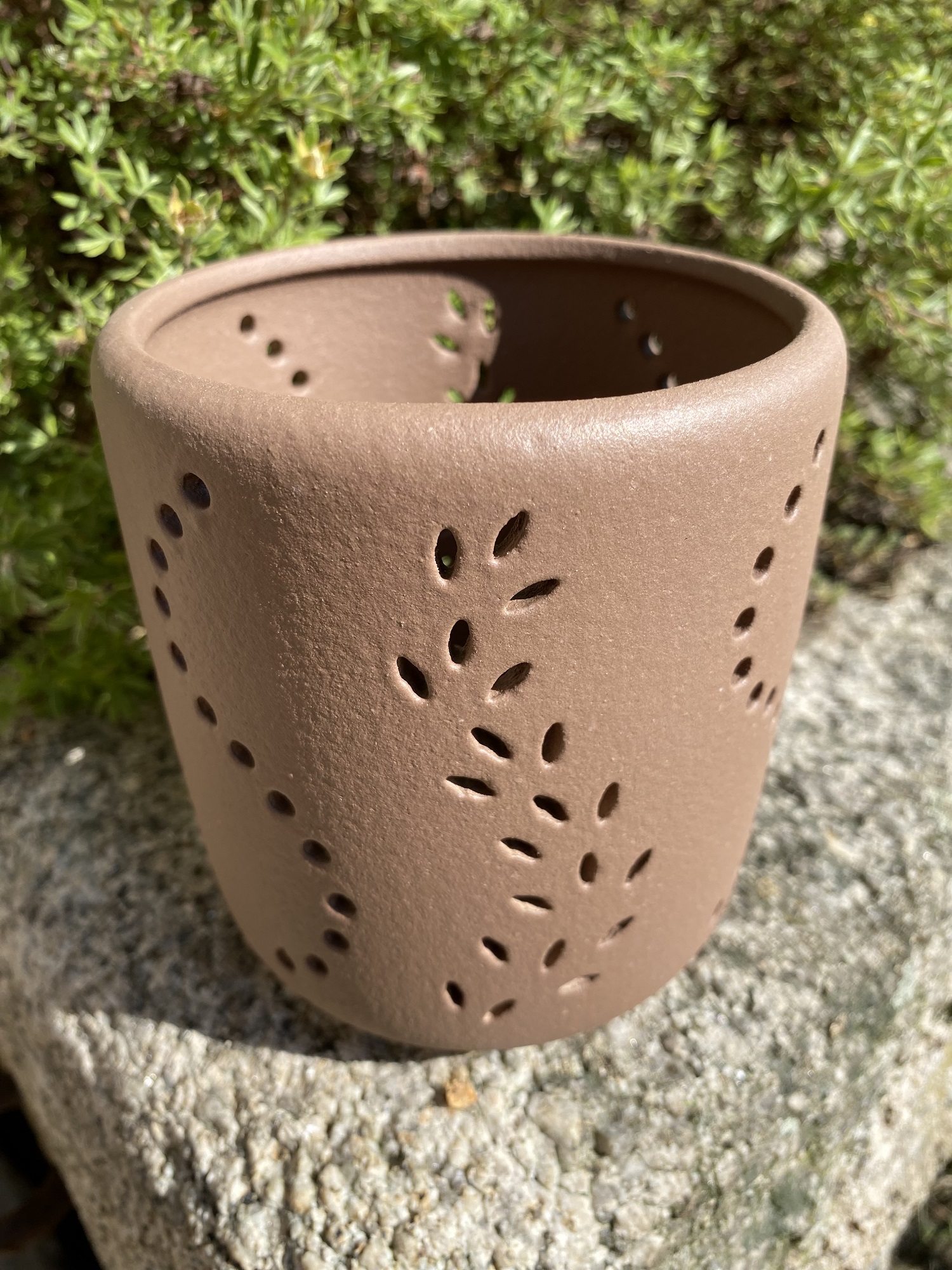 Keramik Windlicht Natur mit Muster braun - Höhe 12 cm