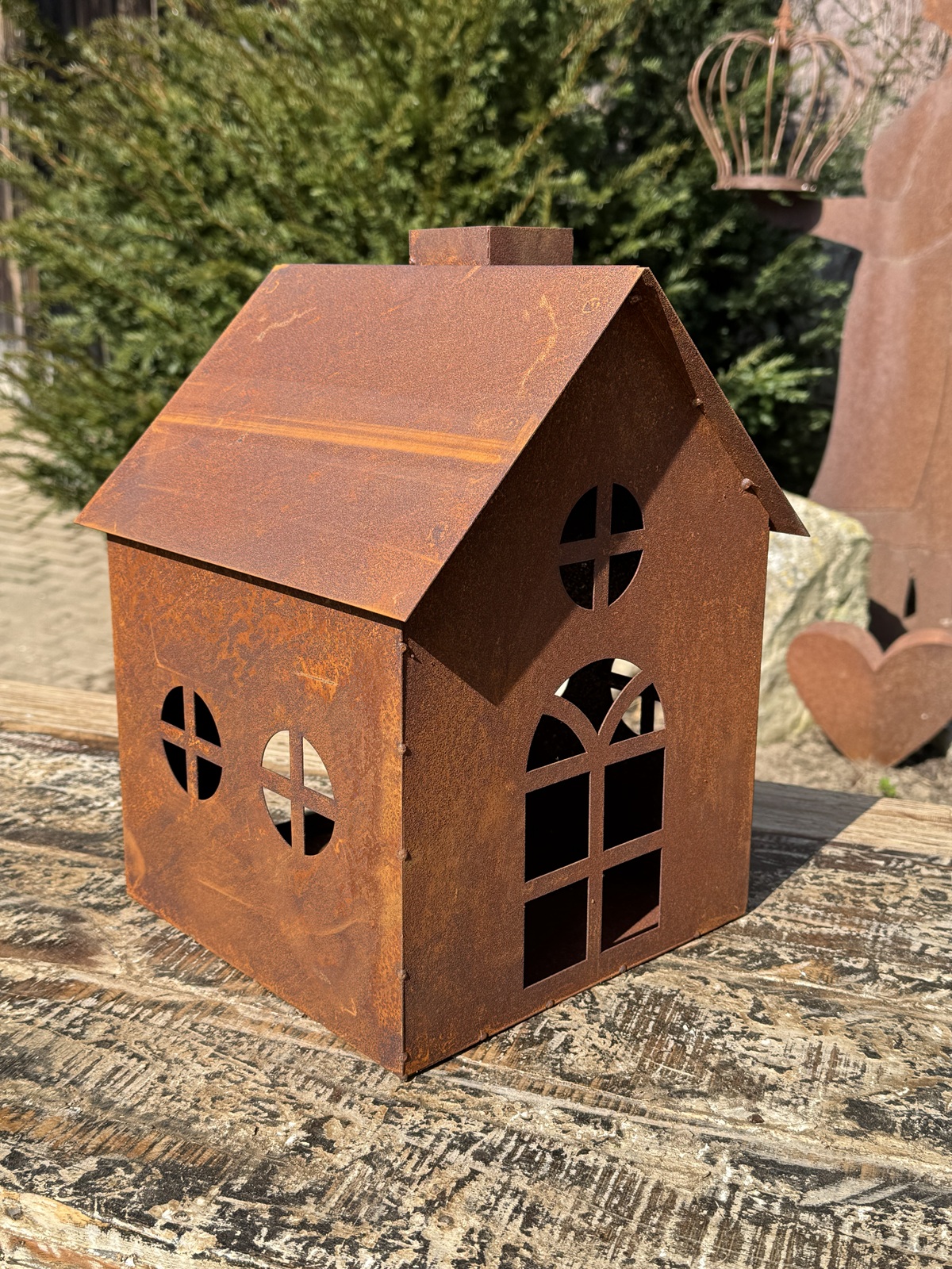 Edelrost Windlicht Haus eckige breite Form - Höhe 36 cm
