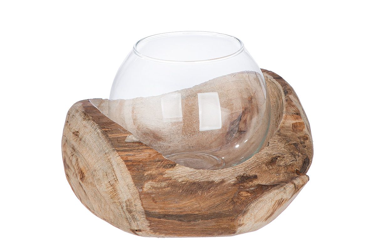 Holz Windlicht Davao mit Kugelglas Vase - Breite 18 cm