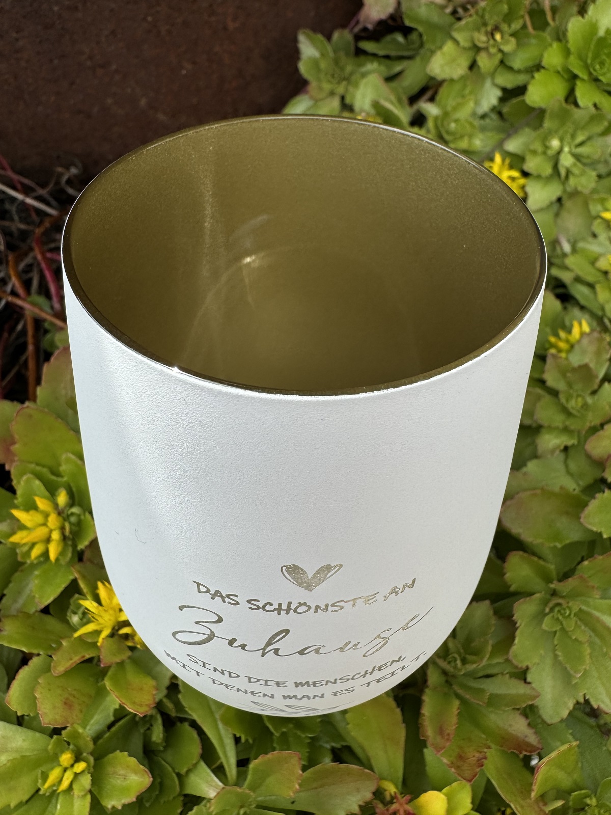 Gravur Windlicht Das schönste an Zuhause weiß/gold - Höhe 12 cm