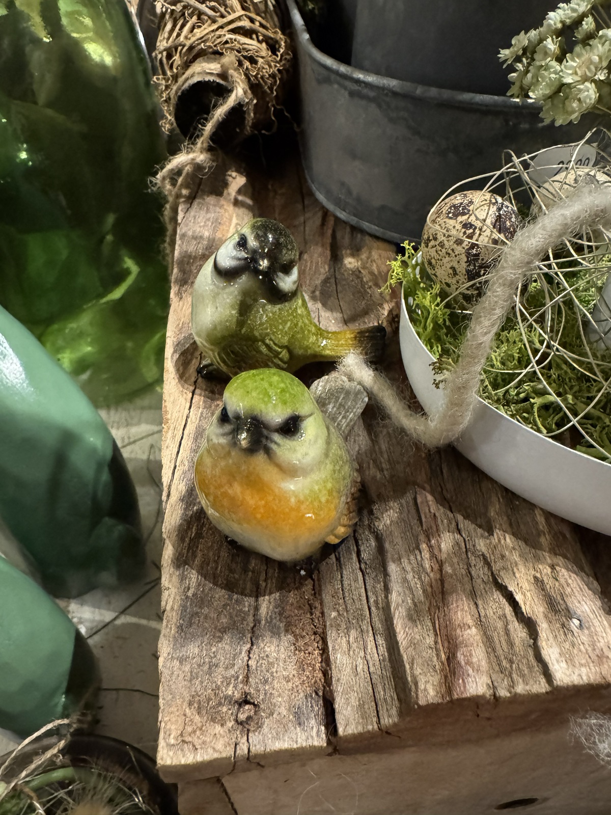 2tlg Keramik Vögel grün Handbemalt - Höhe 6 cm