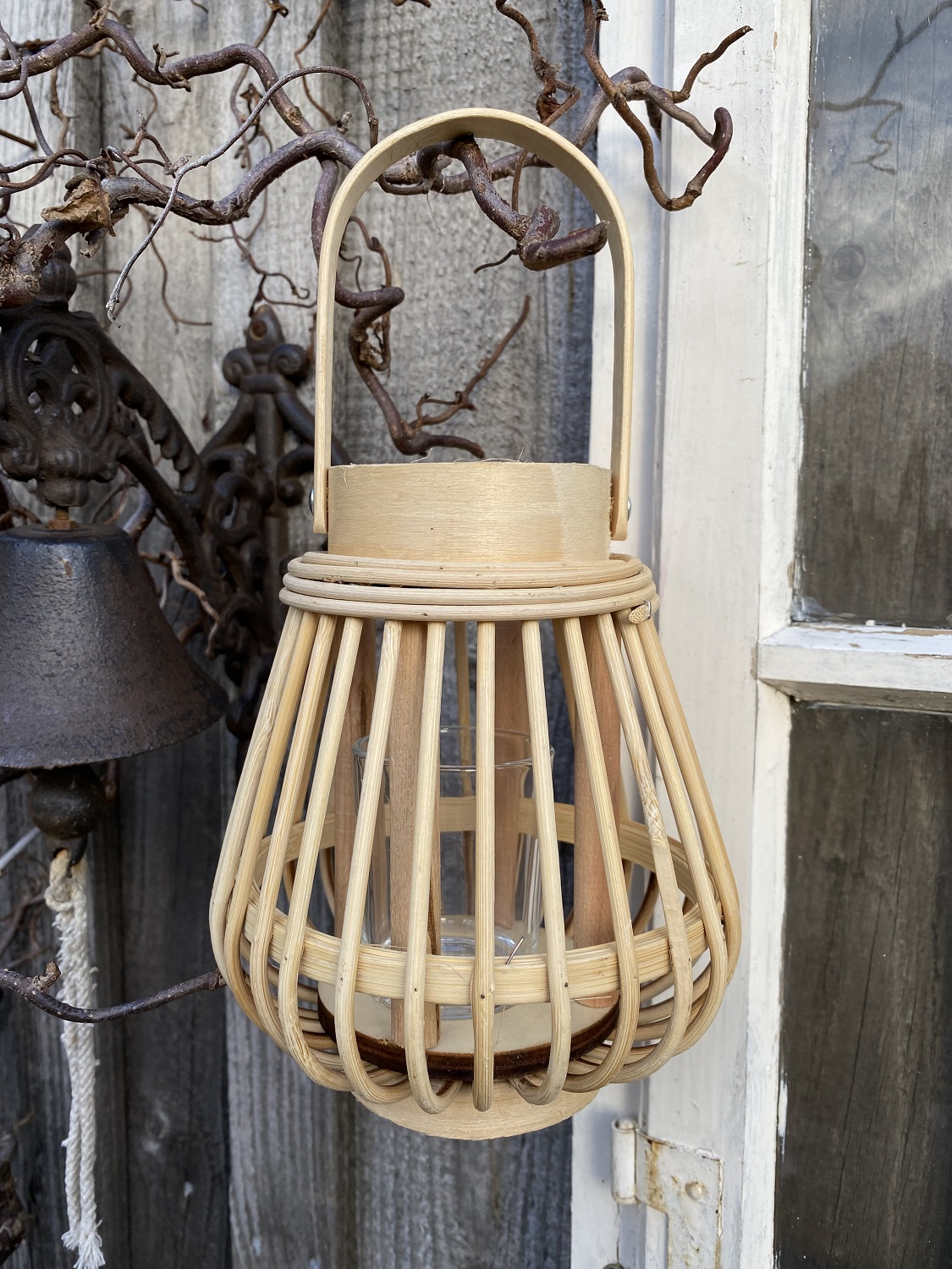 Bambus Windlicht naturfarben mit Henkel und Glas - Höhe 18 cm ohne Henkel