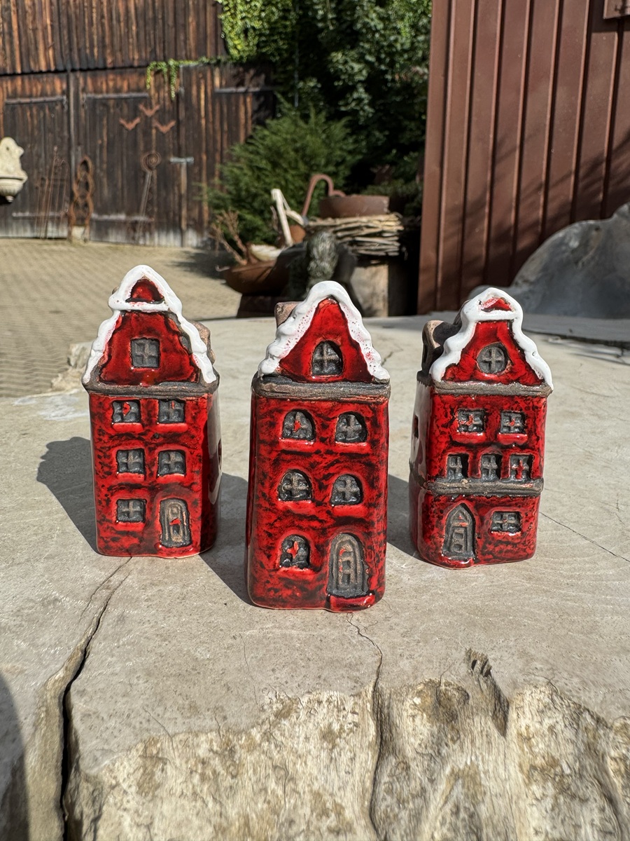 3tlg Keramik Mini Stadthäuschen Rot - Höhe ca. 7 cm