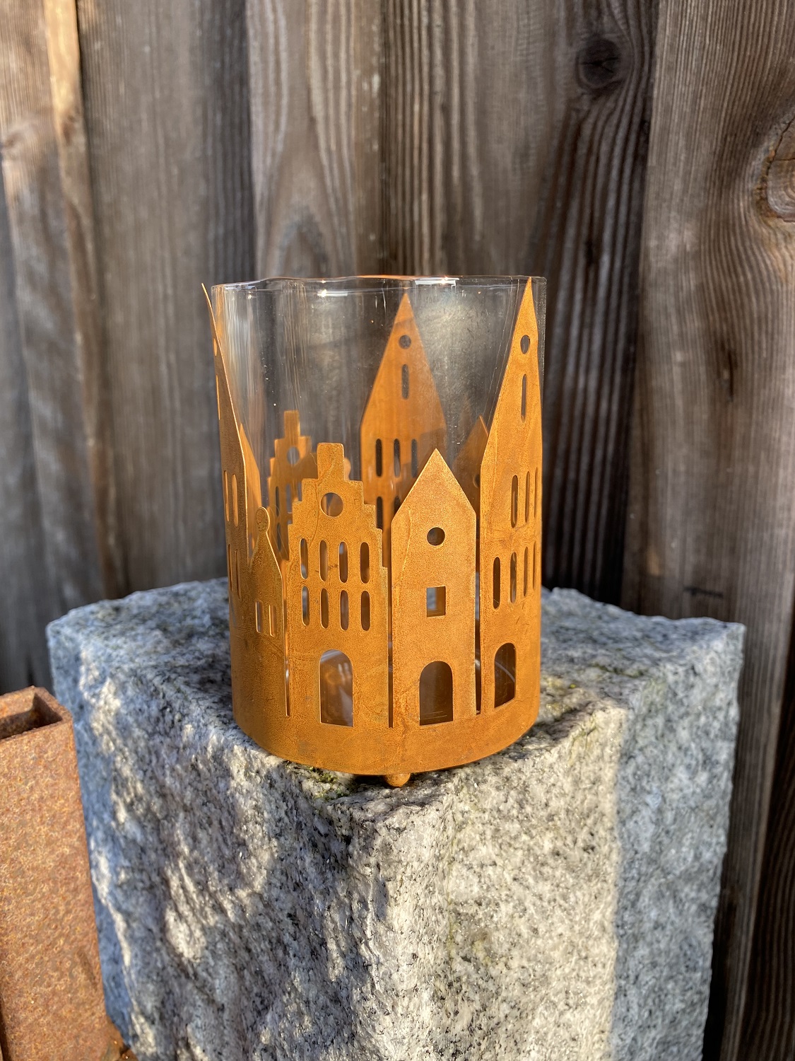 Rost Häuser klein mit Windlichtglas - Höhe 11 cm