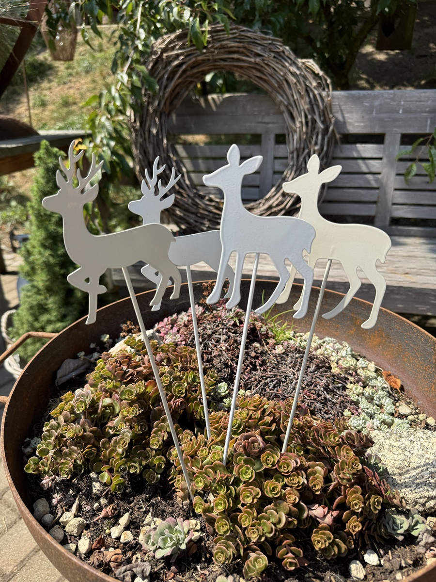 4tlg. Metall Stecker Hirsch weiß/creme - Höhe 12 cm + Stab 25 cm