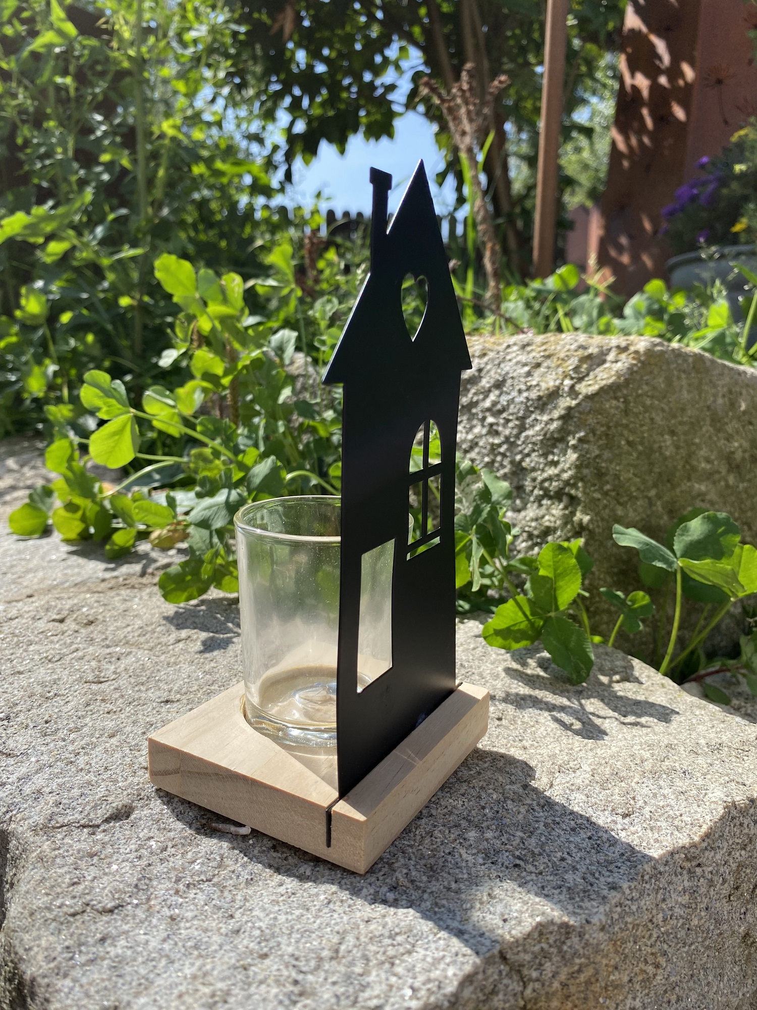 Metall Teelichthalter Haus schwarz hoch mit Fenster halbrund - Höhe 17,5 cm