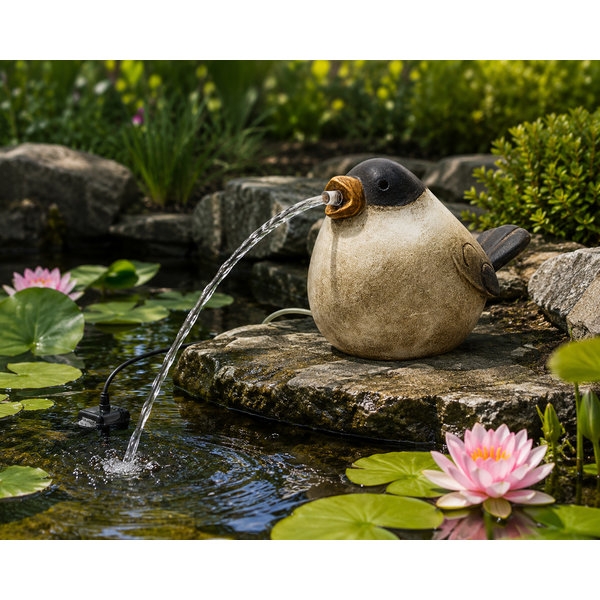 Steingut Wasserspeier Vogel Marta mit Pumpe - Höhe 13 cm