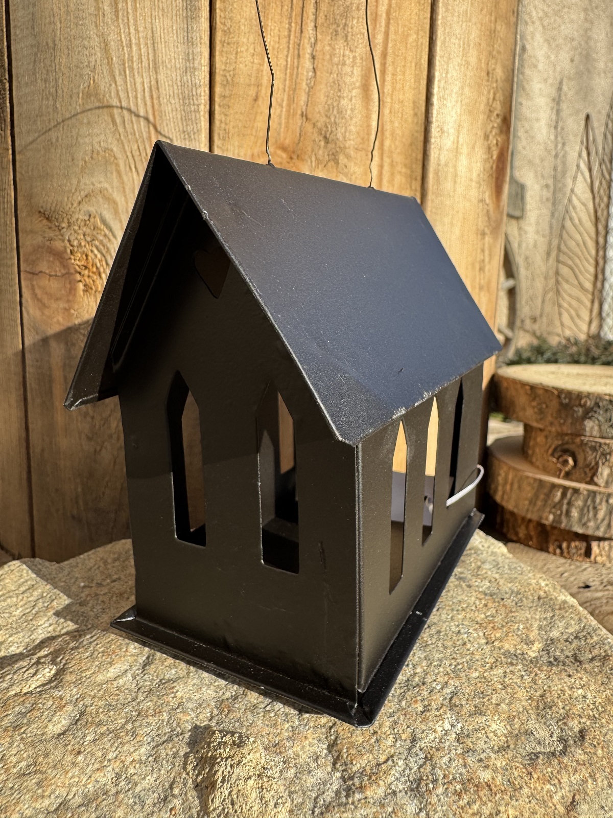 Metall Windlicht Haus Kapelle klein schwarz längliche Form  - Länge 12,5 cm