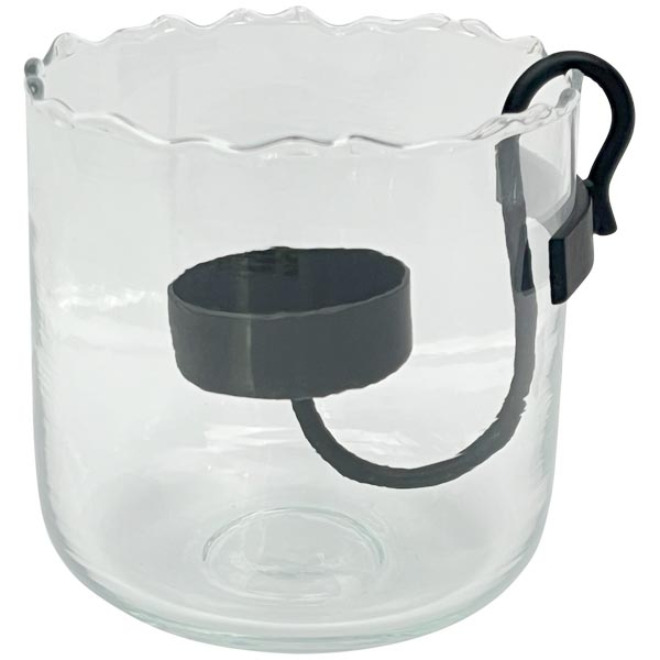 Glas Windlicht Rissoptik mit Teelichthalter schwarz - Höhe 10 cm
