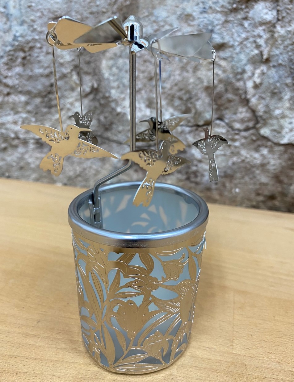 Glaskarussell Kolibri Teelichthalter mit Propeller - Höhe 16 cm