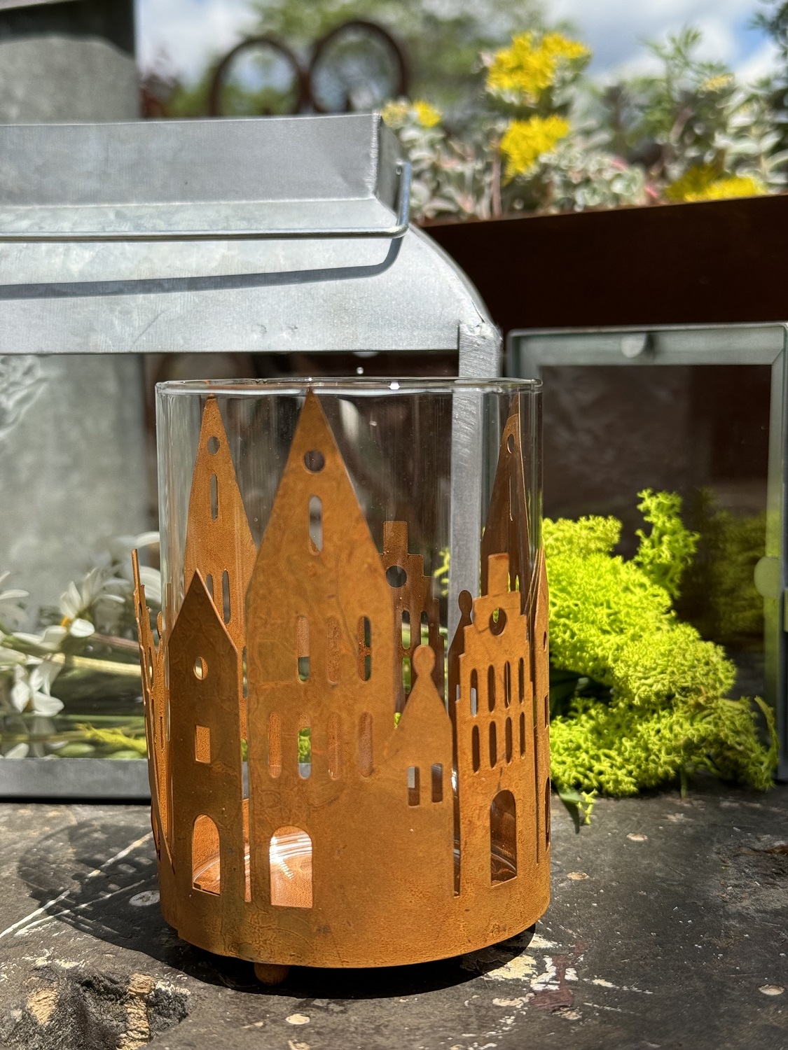 Rost Häuser groß mit Windlichtglas - Höhe 13,5 cm