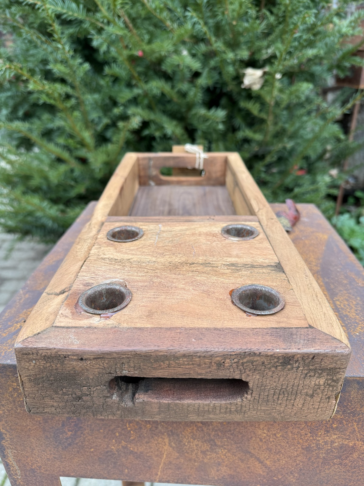 Altholz Kerzenbrett eckig für 4 Stabkerzen mit Schale - Länge ca. 46 cm