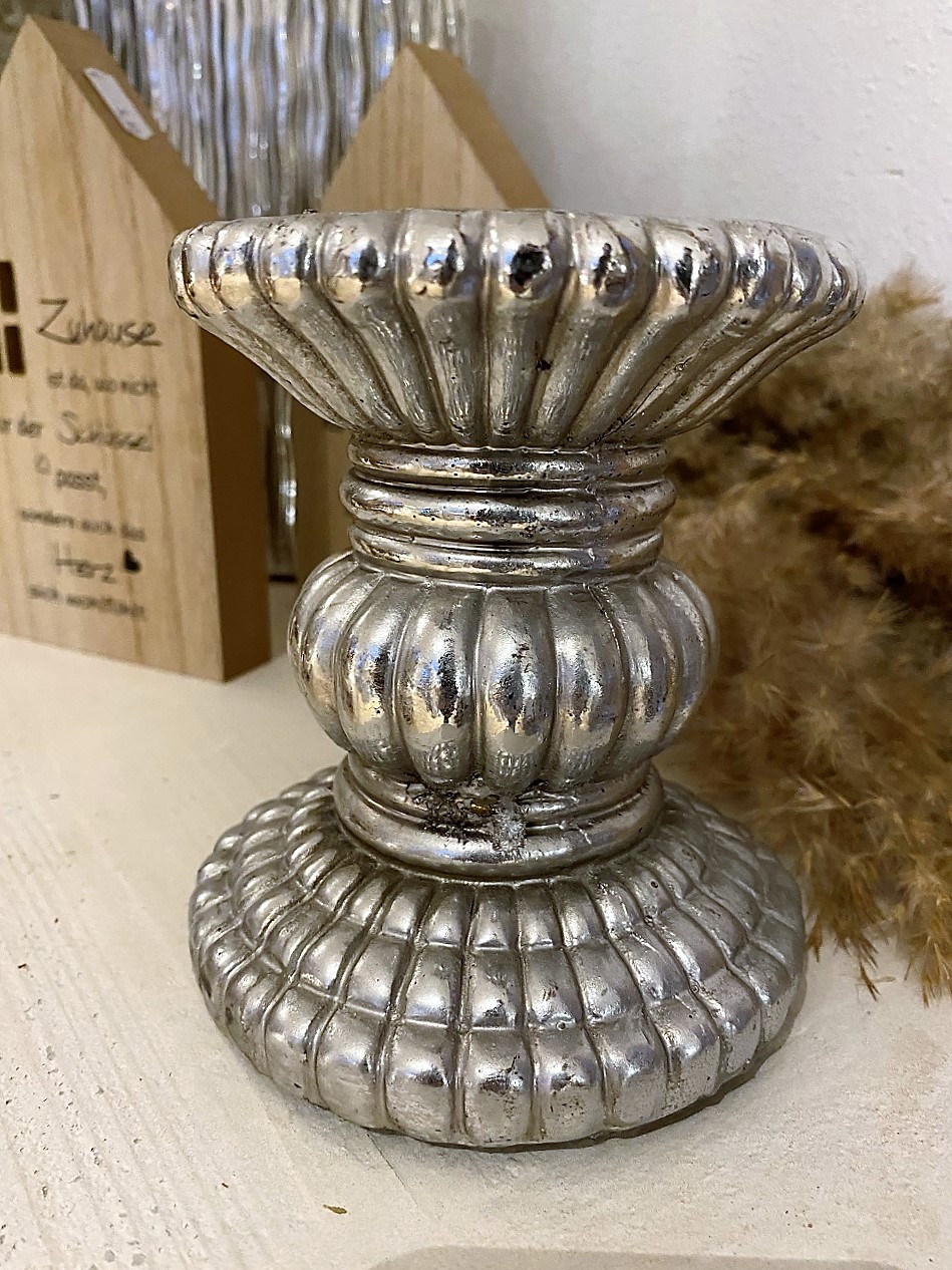 Kerzenleuchter Antik Silber für Stab/Stumpenkerzen - Höhe 13 cm