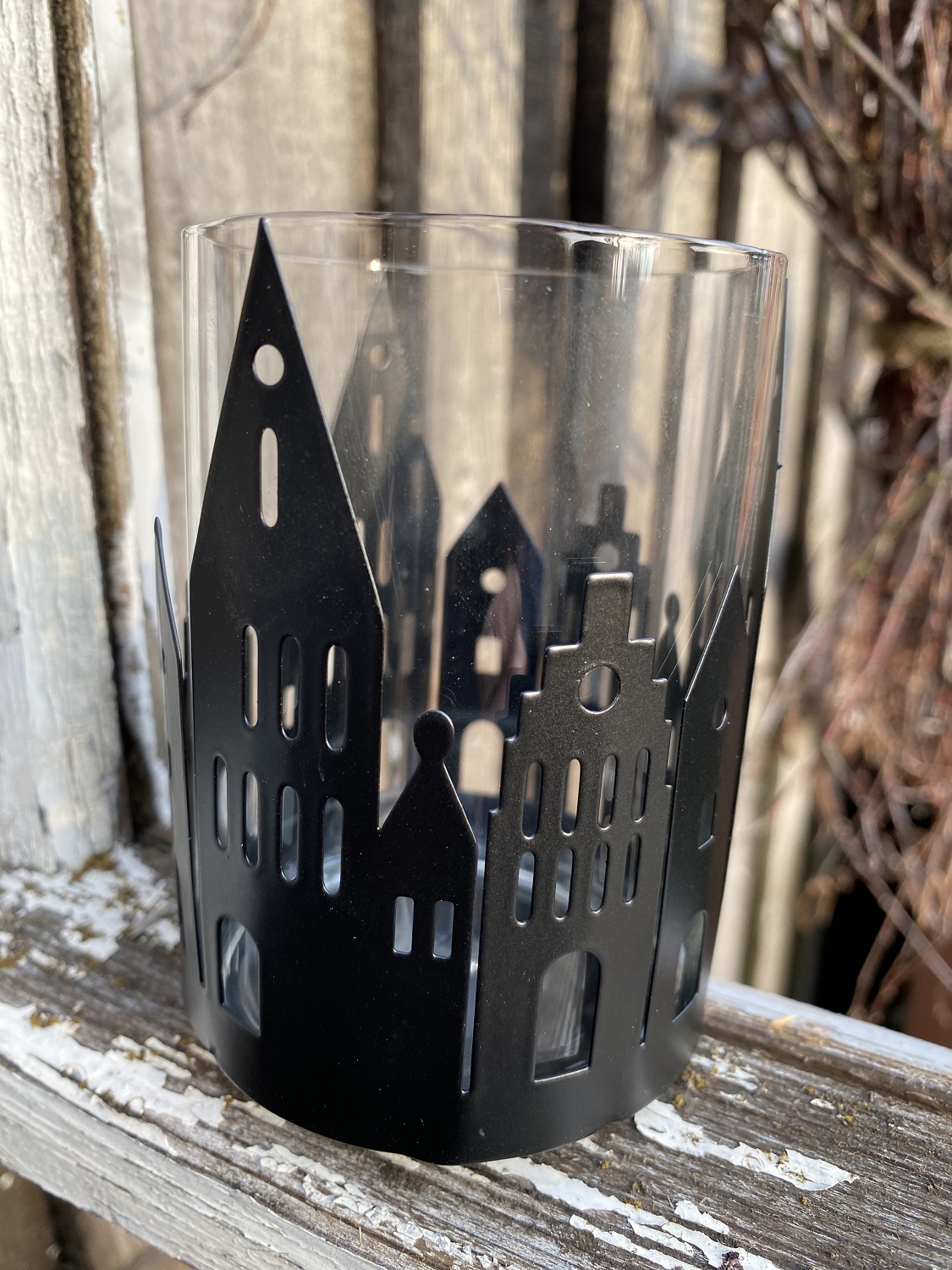 Metall Häuser schwarz klein mit Windlichtglas - Höhe 11 cm