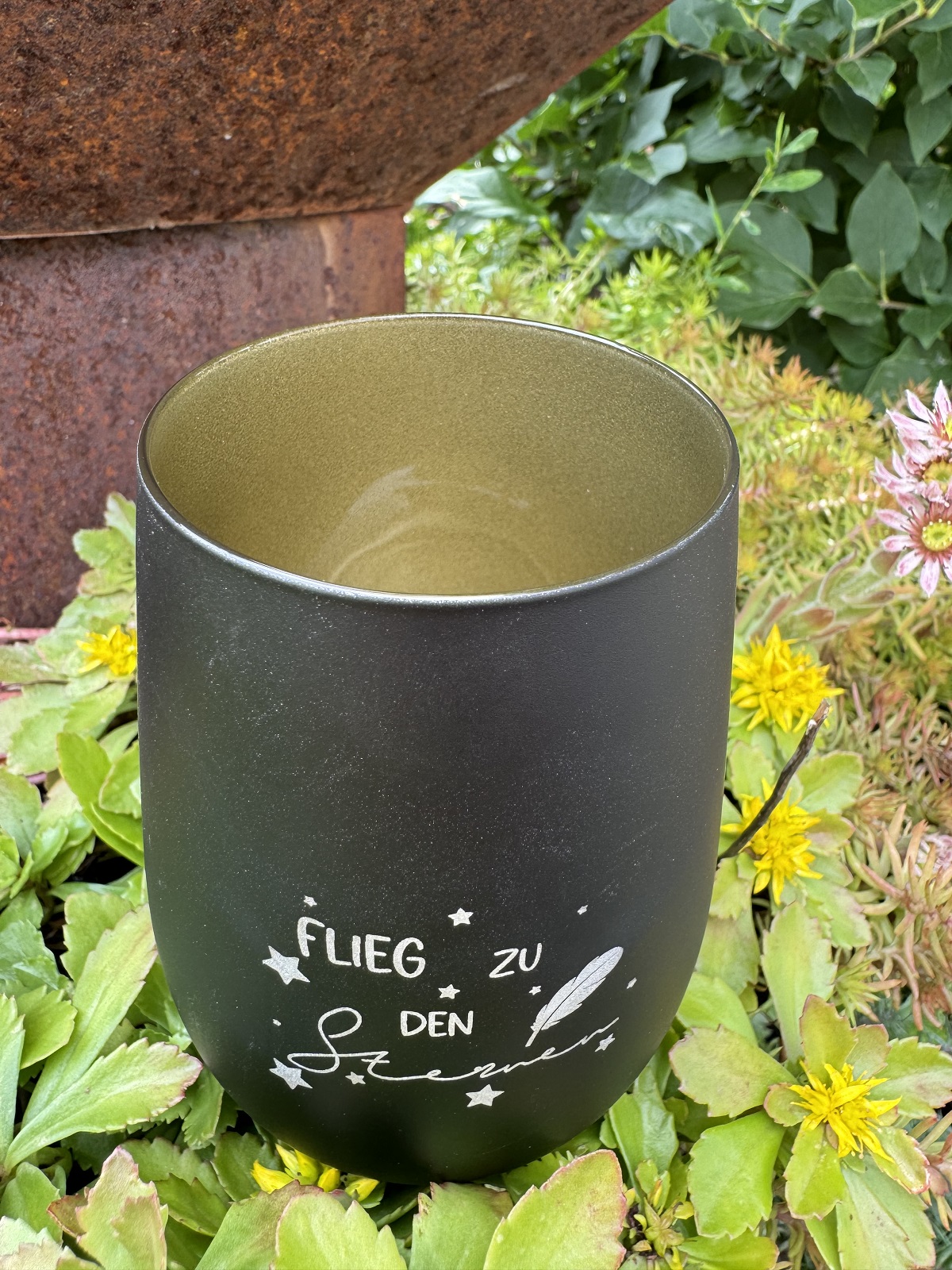 Gravur Windlicht Flieg zu den Sternen schwarz/gold - Höhe 12 cm