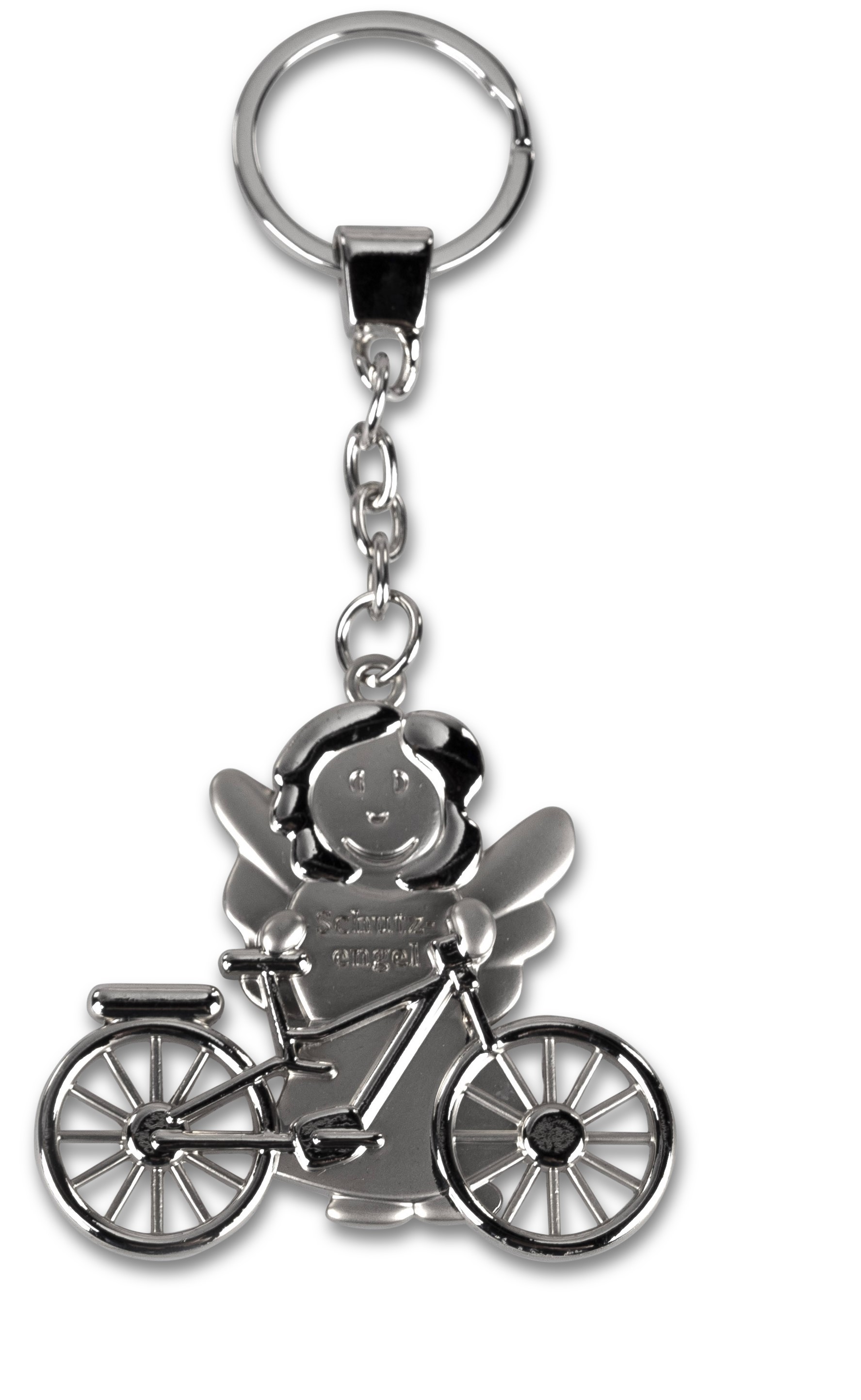 Schlüsselanhänger Schutzengel Fahrrad Silber matt - Höhe ohne Kette 5,5 cm