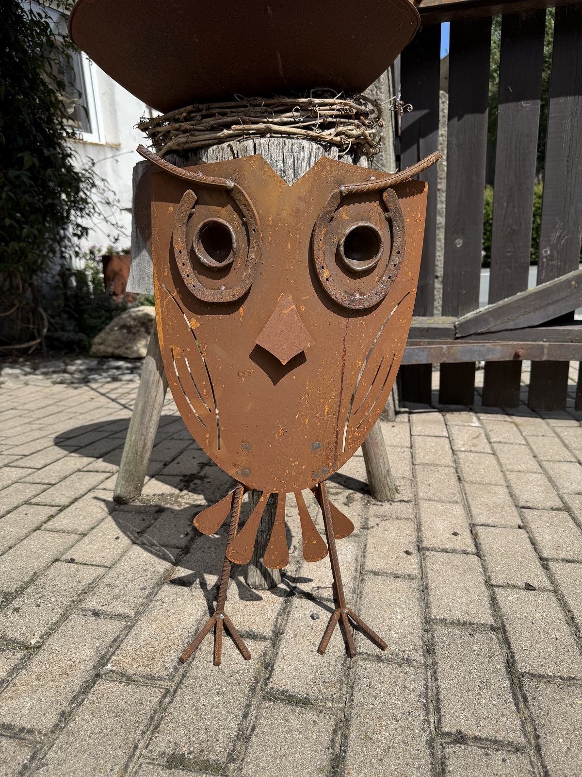 Edelrost Eule klein mit Hufeisen Augen - Höhe 45 cm