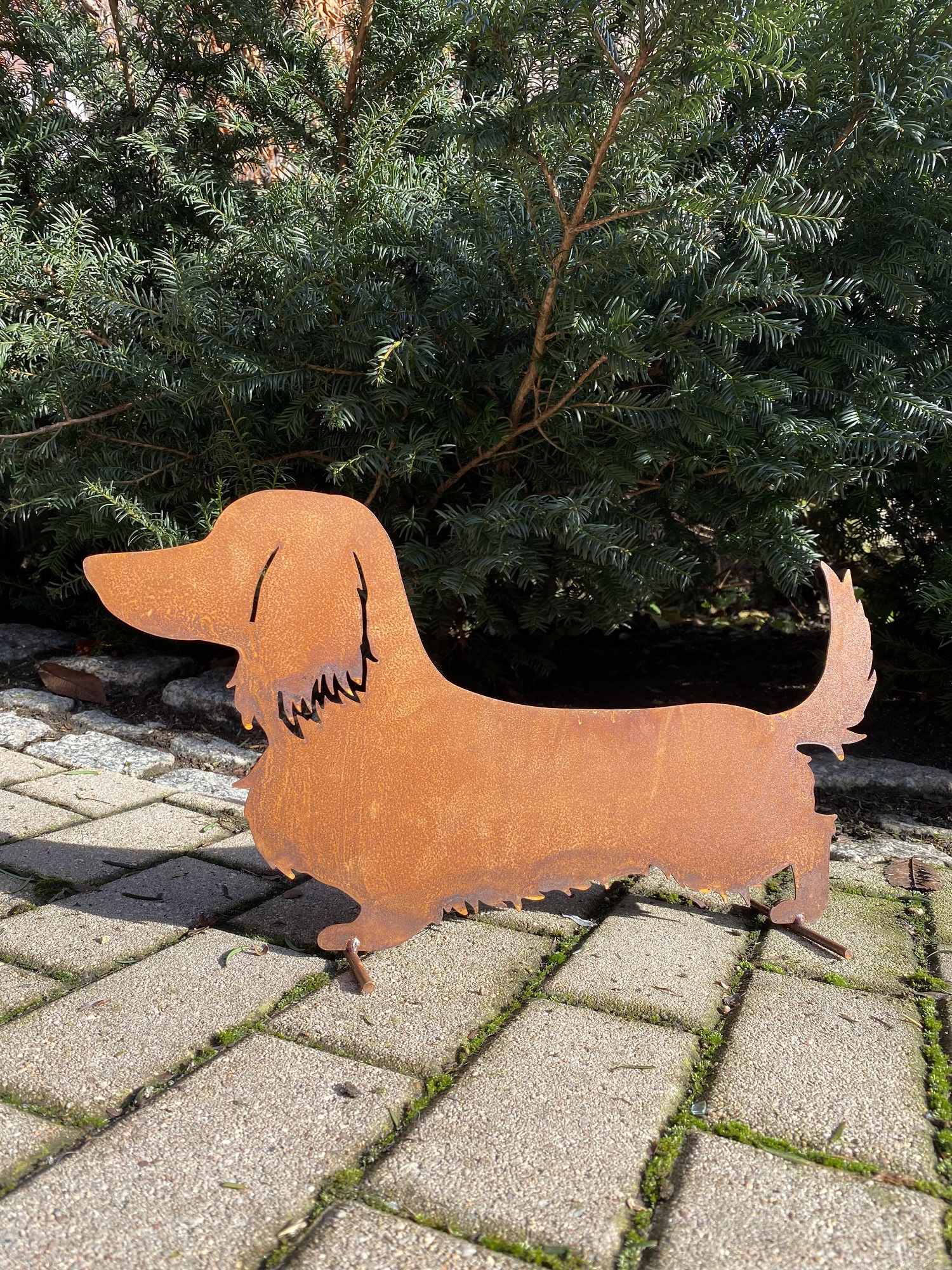 Edelrost Dackel Ferdinand auf Querstangen - Breite 50 cm