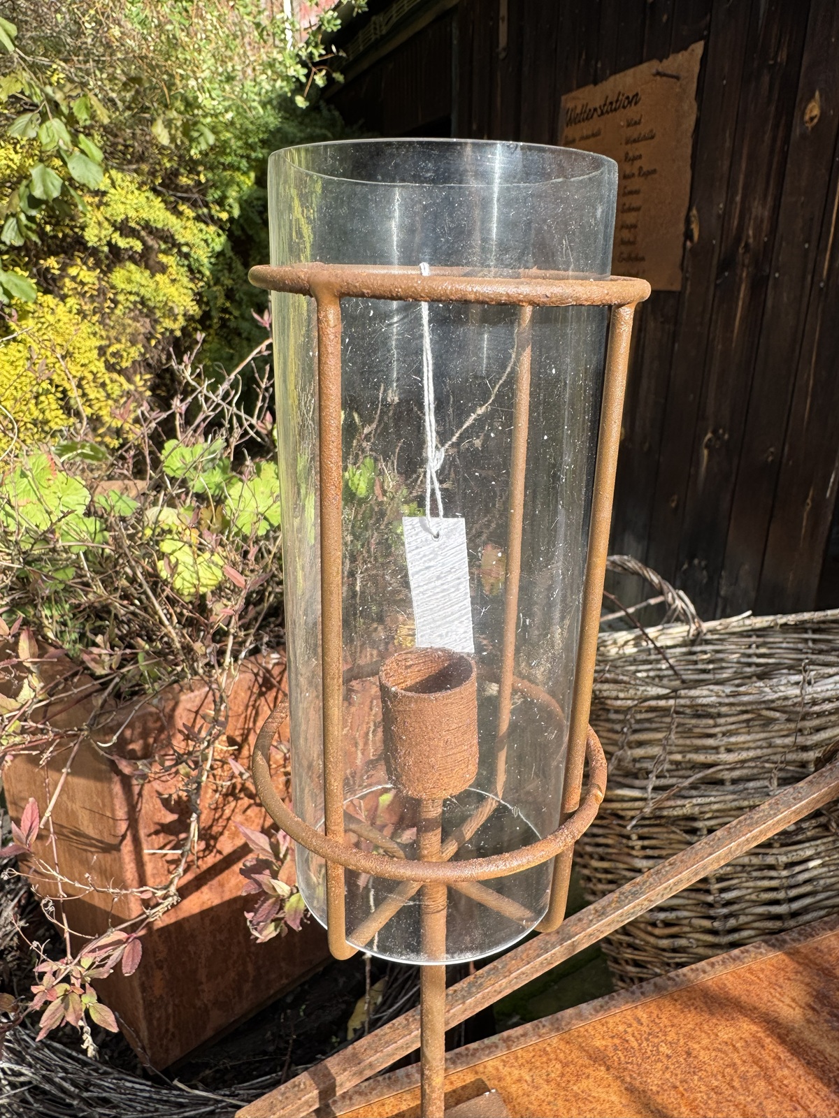 Edelrost Kerzenhalter für Stabkerzen mit Glaseinsatz - Höhe 35 cm