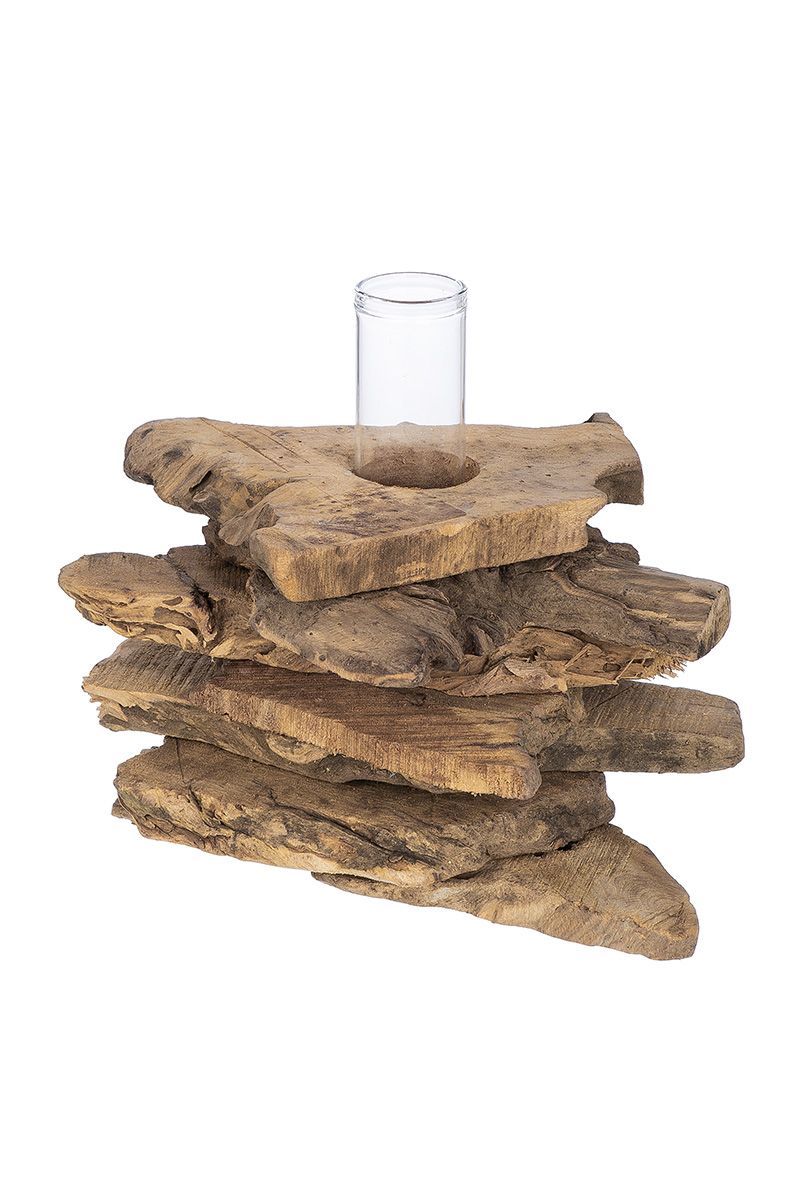 Holzscheiben mit Glasvase Bali naturbelassen - Höhe ca. 16 cm