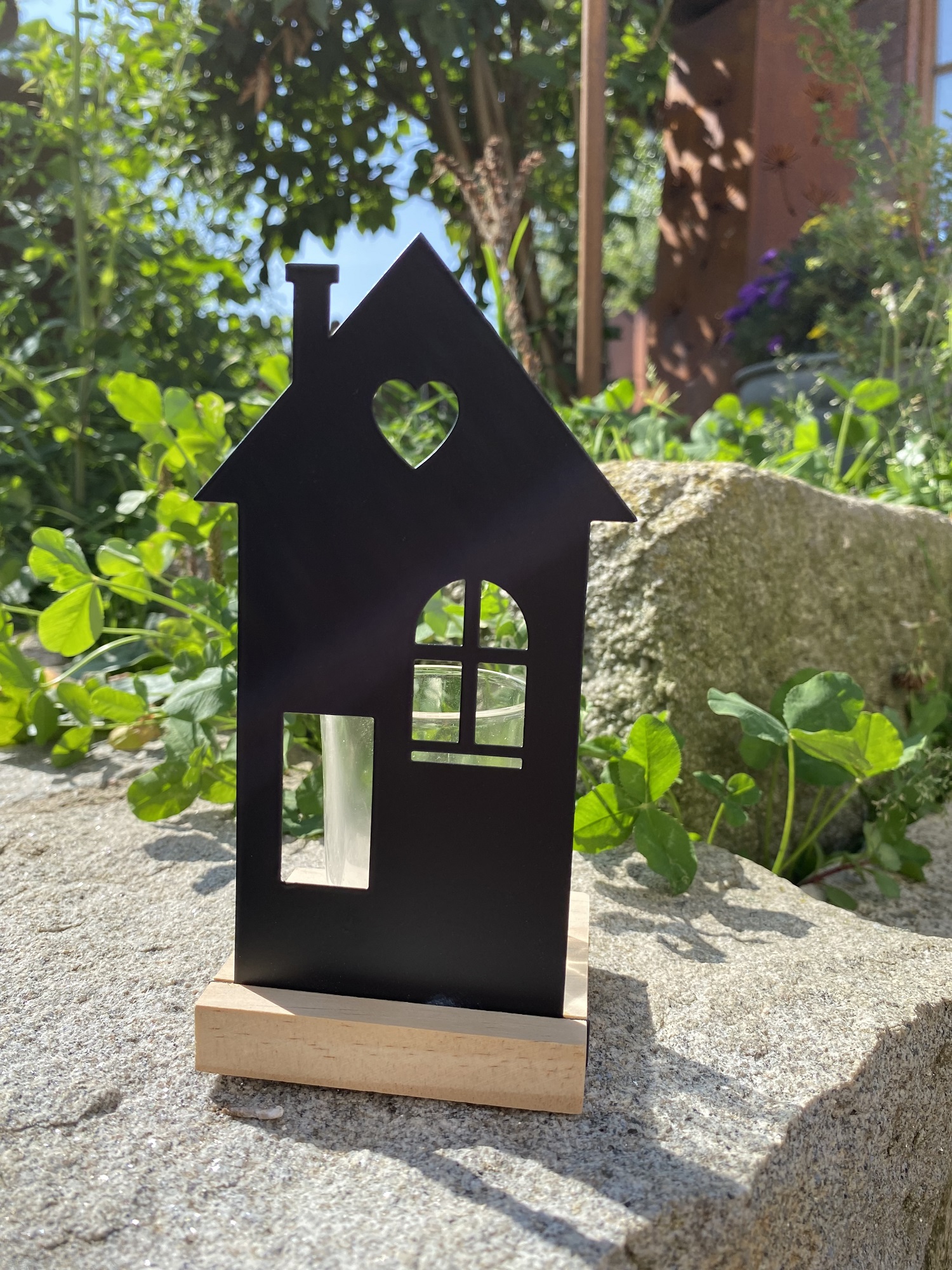 Metall Teelichthalter Haus schwarz hoch mit Fenster halbrund - Höhe 17,5 cm