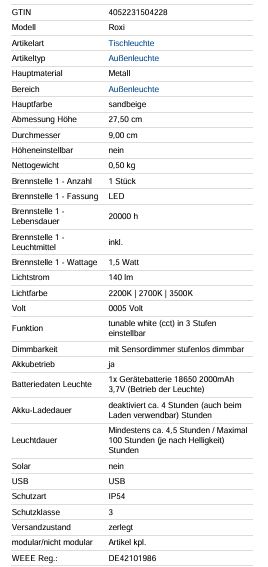 Tischleuchte Roxi salbeigrün mit Touch und Ladekabel - Höhe 27,5 cm