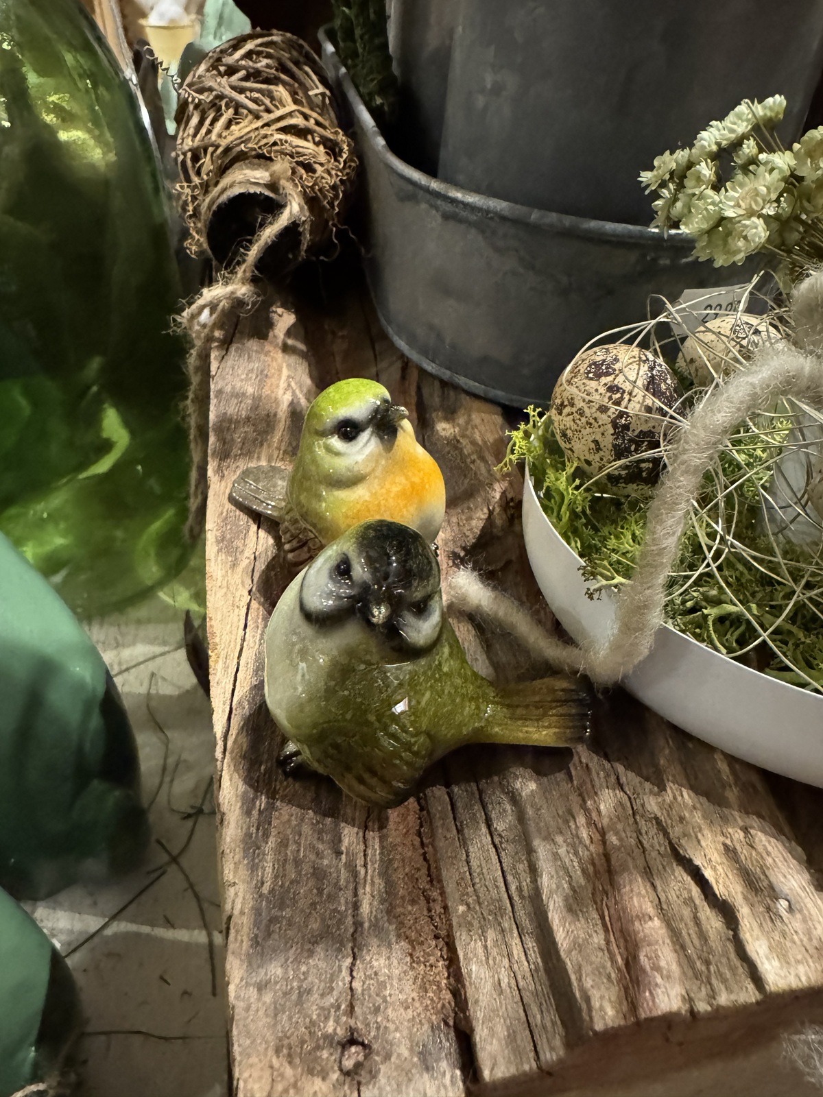 2tlg Keramik Vögel grün Handbemalt - Höhe 6 cm