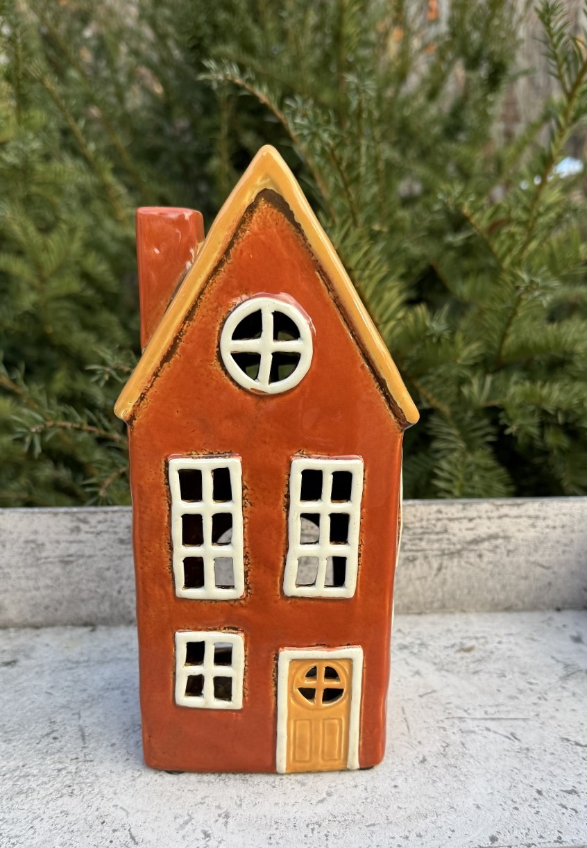 Keramik Windlicht Häuschen Irmi orange mit gelbem Dach - Höhe 18,5 cm