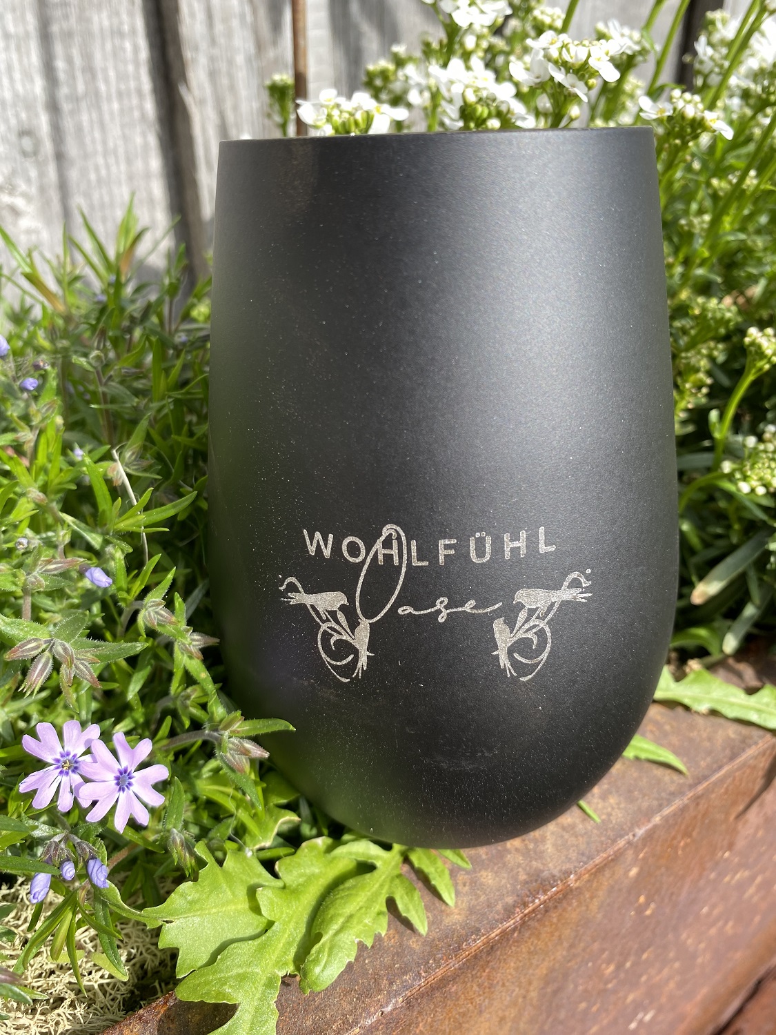 Gravur Windlicht Wohlfühloase schwarz/gold - Höhe 12 cm