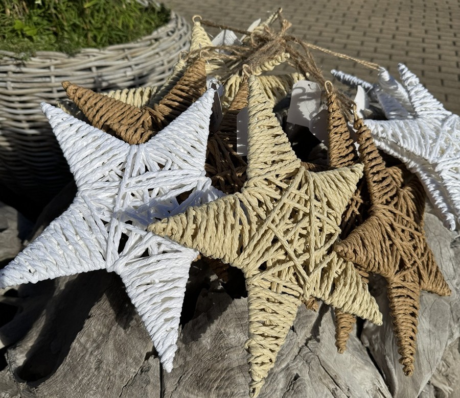 3tlg. Bastgeflecht Sterne groß Weiß/Creme/Braun zum Hängen - Durchmesser 30 cm
