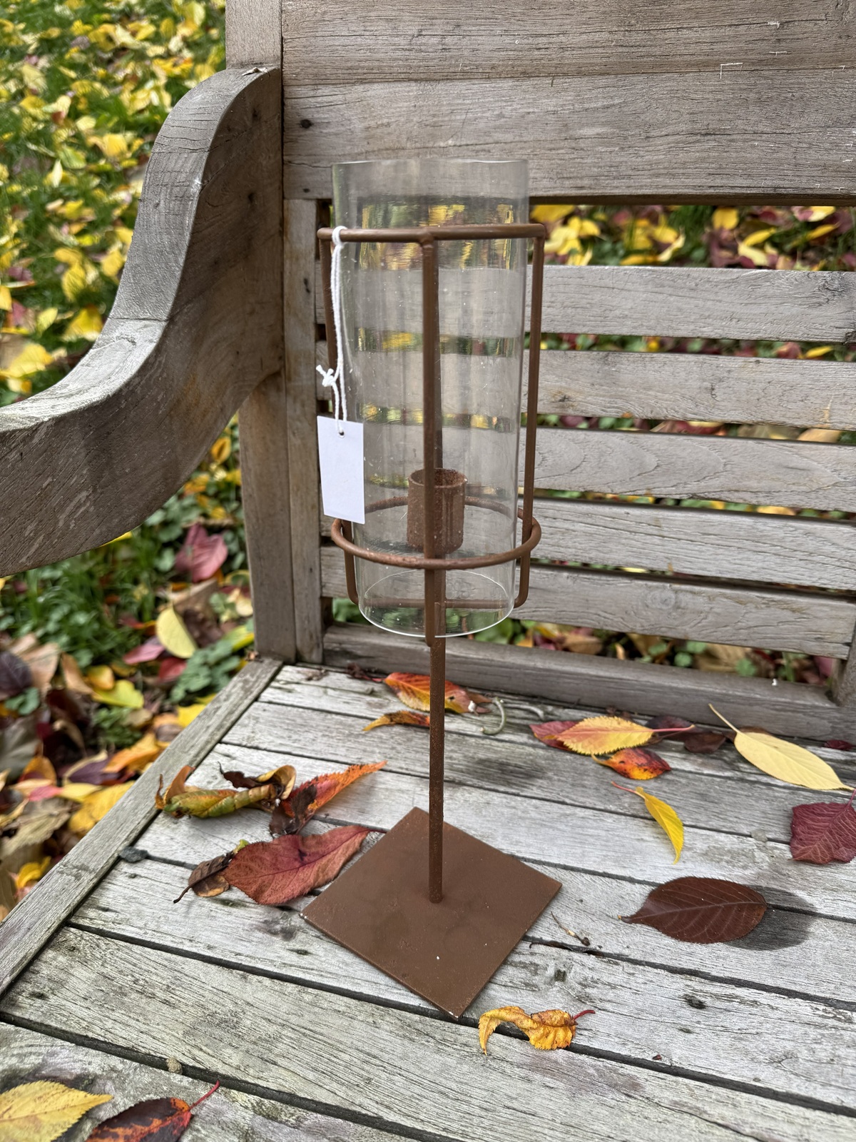 Edelrost Kerzenhalter für Stabkerzen mit Glaseinsatz - Höhe 35 cm