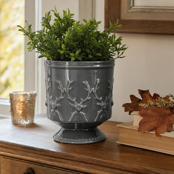 Keramik Pflanztopf mit Hirschmotiv Grau - Höhe 14 cm