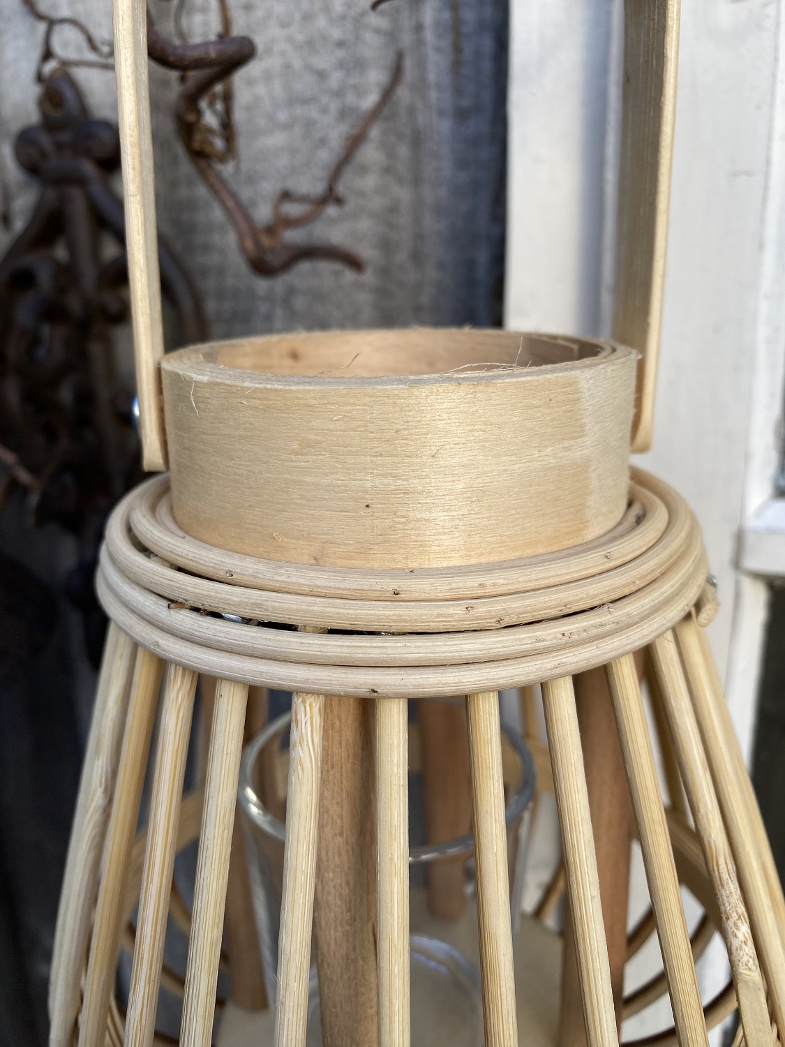 Bambus Windlicht naturfarben mit Henkel und Glas - Höhe 18 cm ohne Henkel