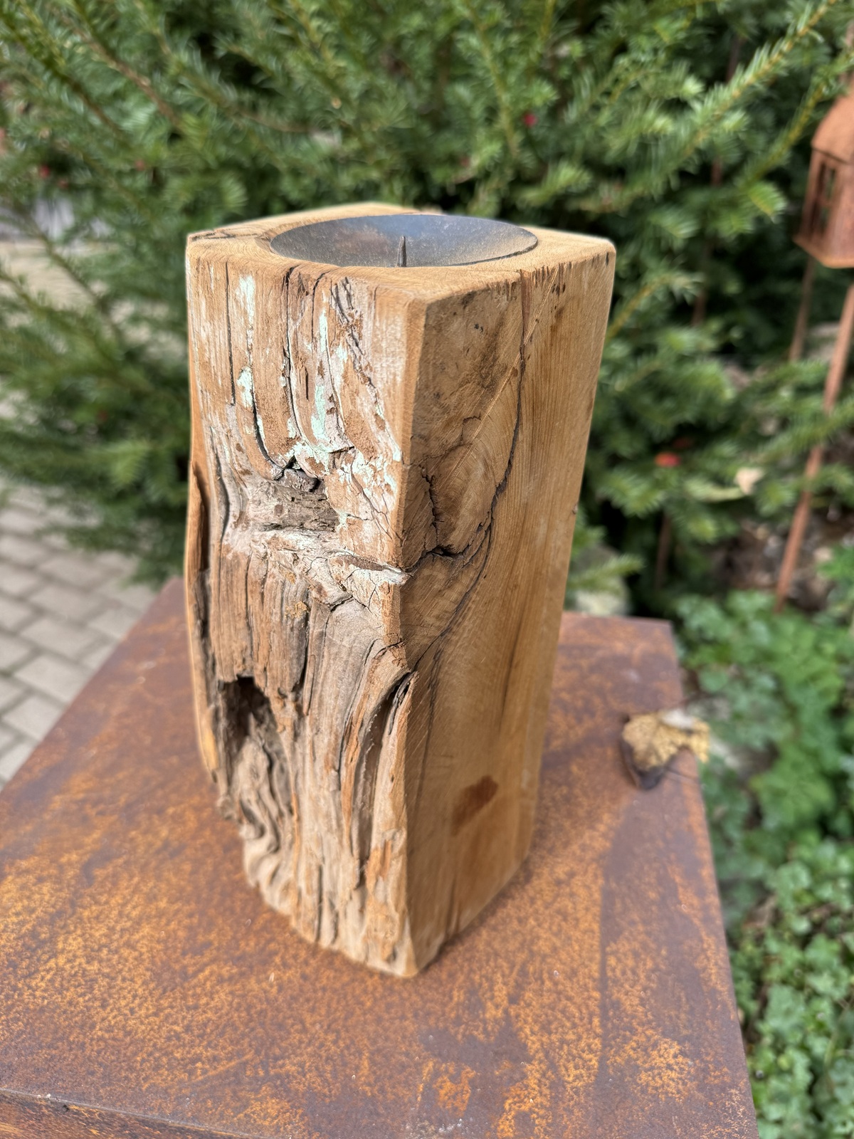Altholz Kerzenständer Balken groß mit Kerzenteller - Höhe ca. 27 cm