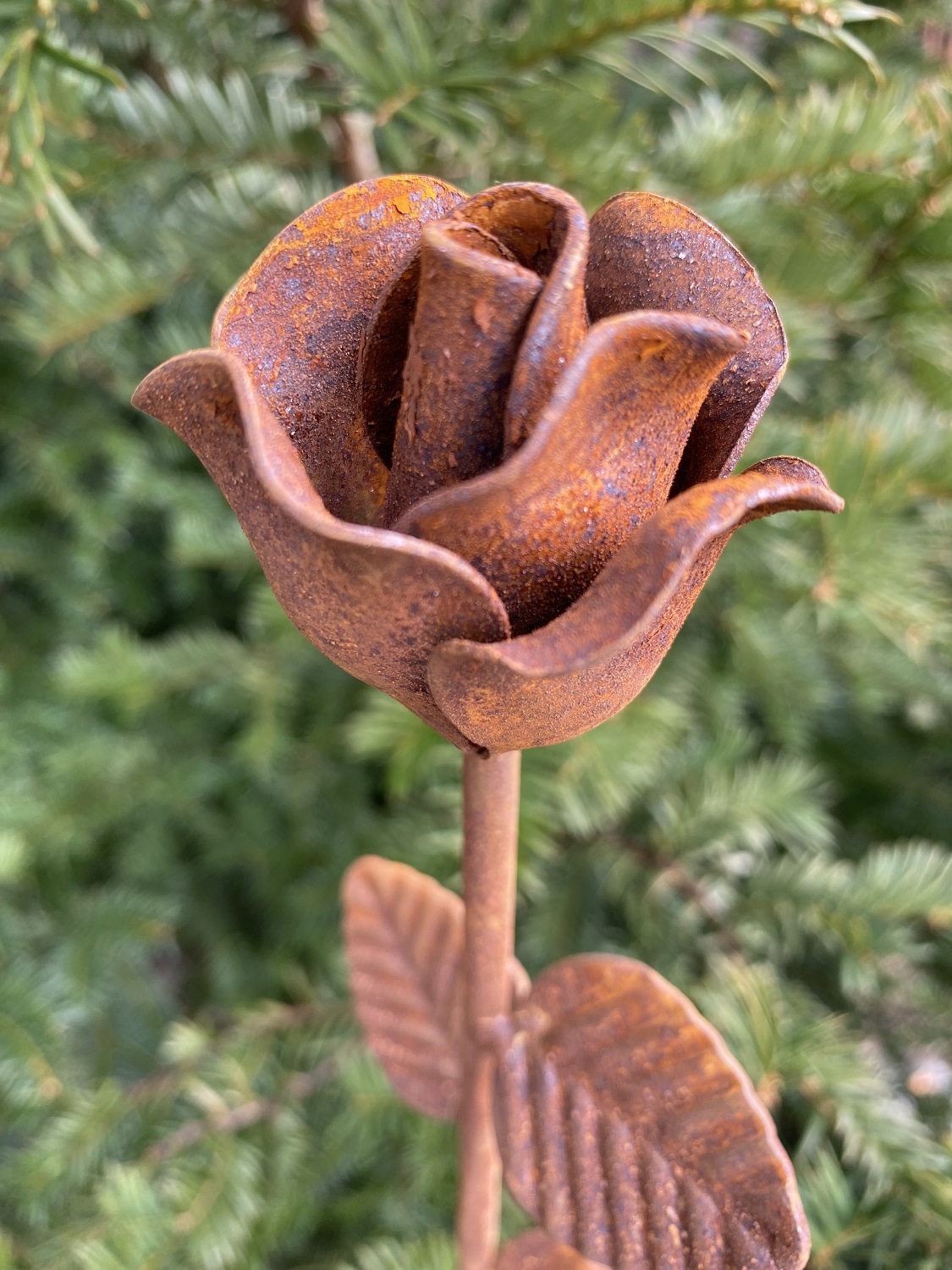 Edelrost Rose 3D Form mit Stiel und Blättern - Höhe 40 cm