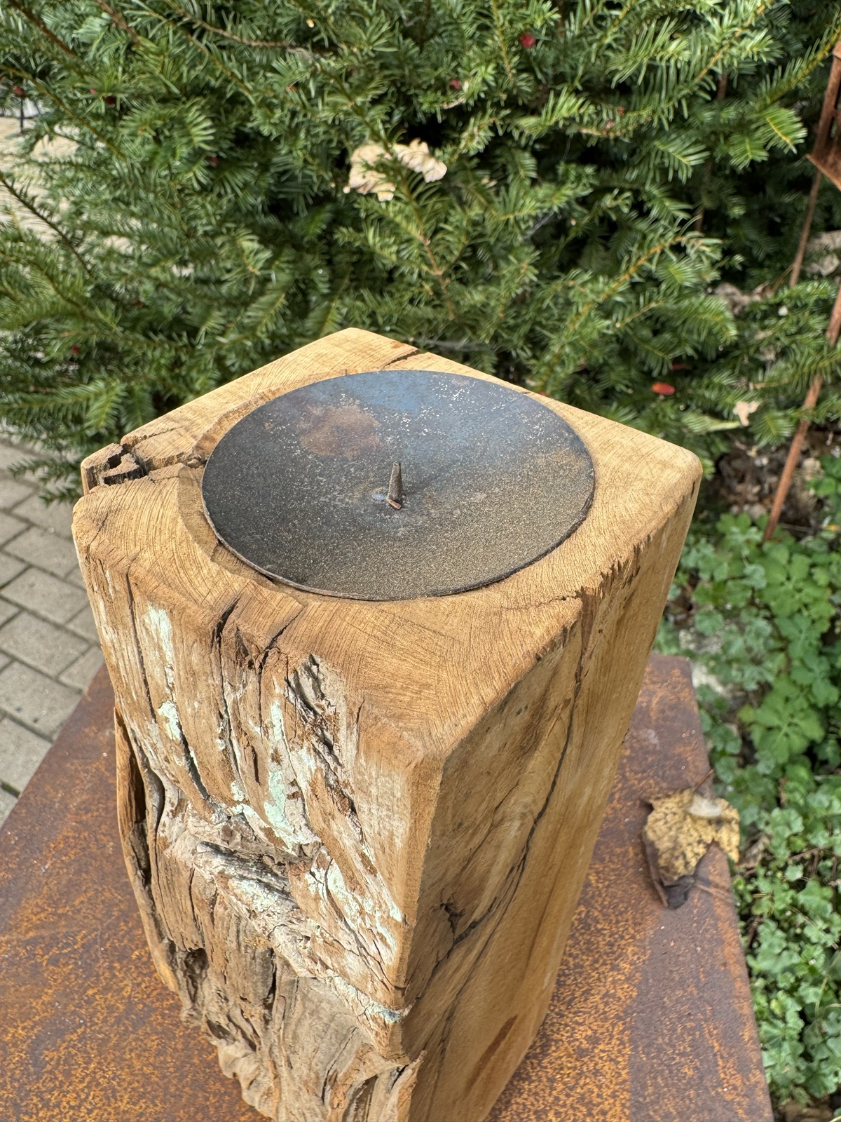 Altholz Kerzenständer Balken groß mit Kerzenteller - Höhe ca. 27 cm