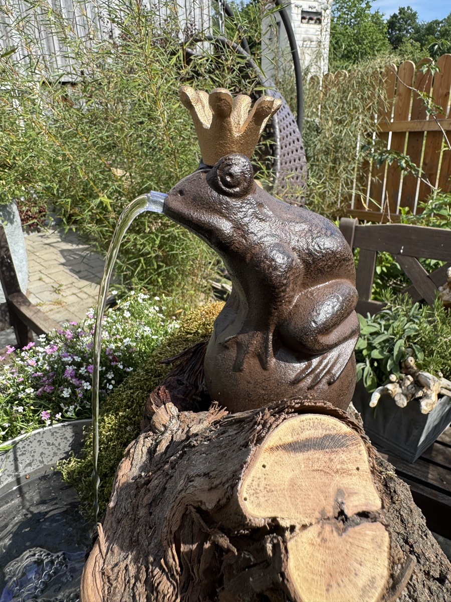 Wasserspeier Froschkönig Theo mit goldener Krone auf Kugel - Höhe 22 cm