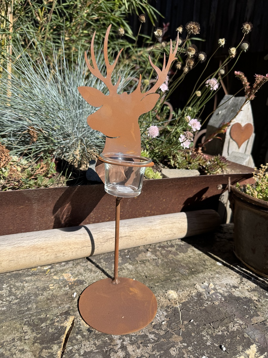 Edelrost Teelichthalter Hirschkopf mit Glas - Höhe 30 cm