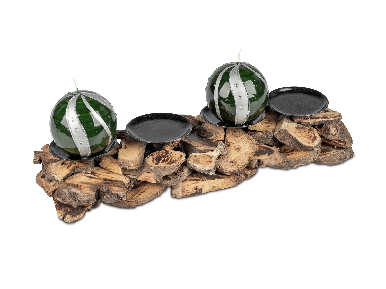 Holzkranz aus Naturholzstücken mit 4 Kerzentellern längliche Form - 40 cm