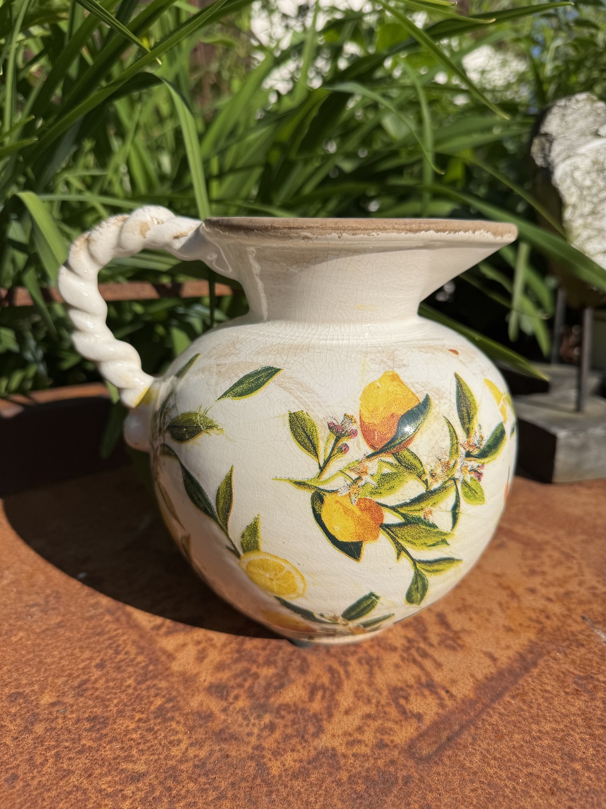Keramik Vase / Krug Kordel Henkel Vintage Zitrone - Höhe 19 cm