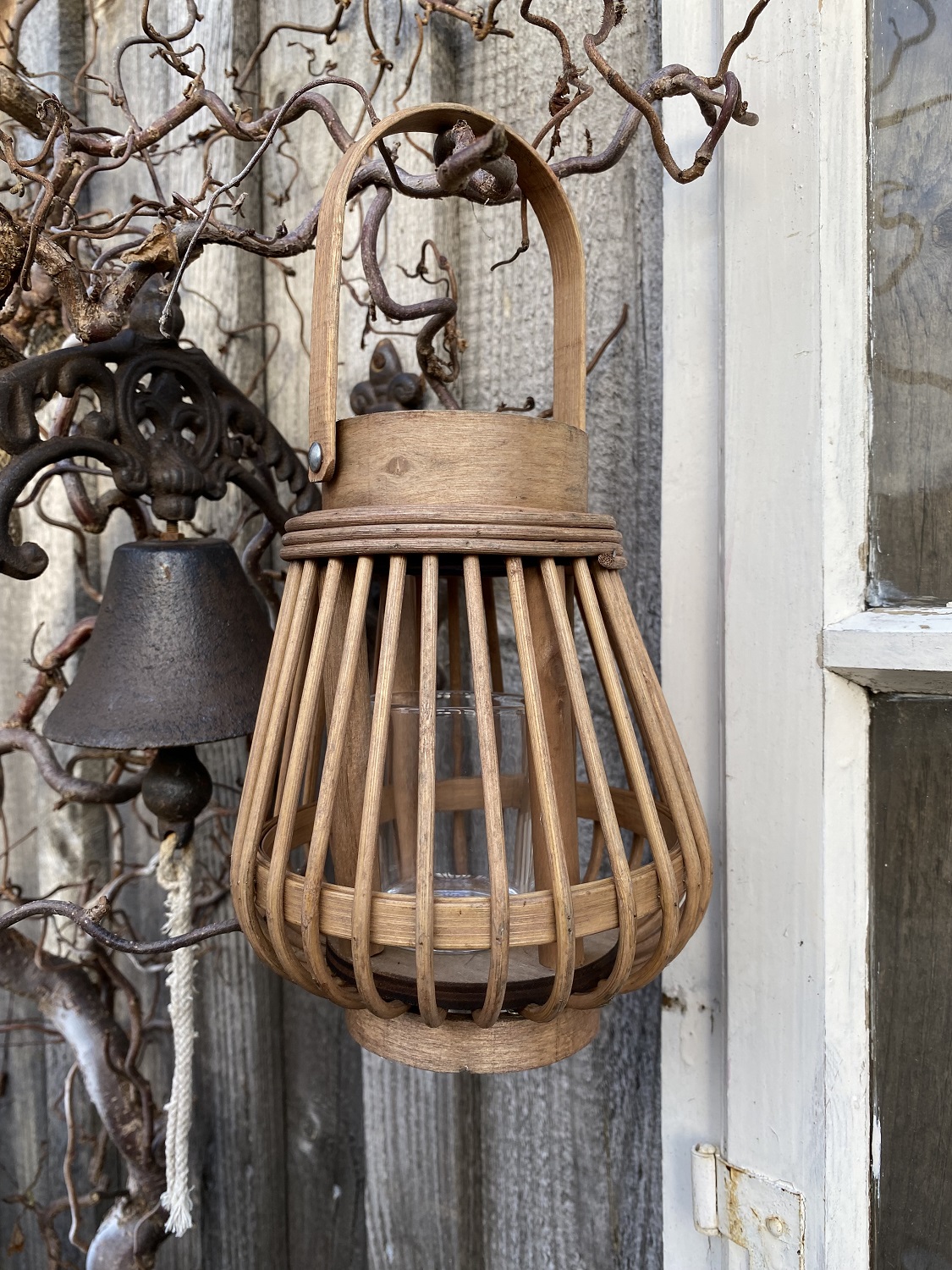 Bambus Windlicht braun mit Henkel und Glas - Höhe 18 cm ohne Henkel