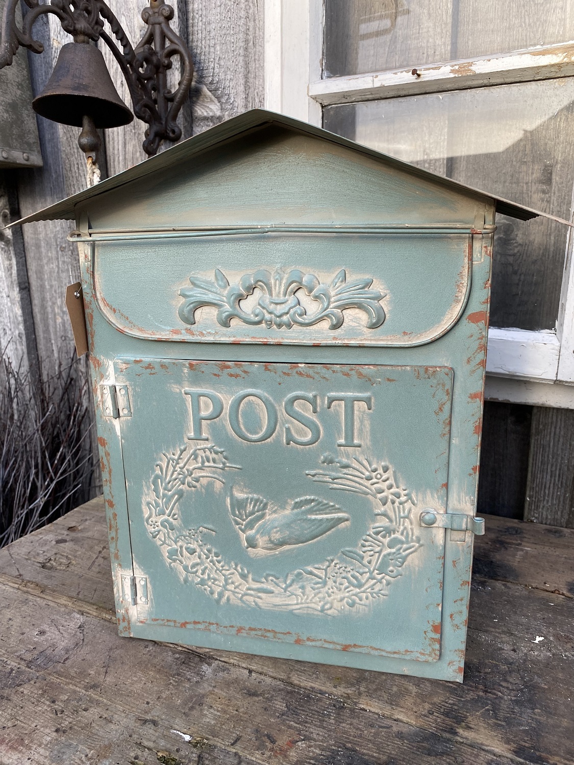Eisenblech Postkasten antik blau lackiert - Höhe 40 cm