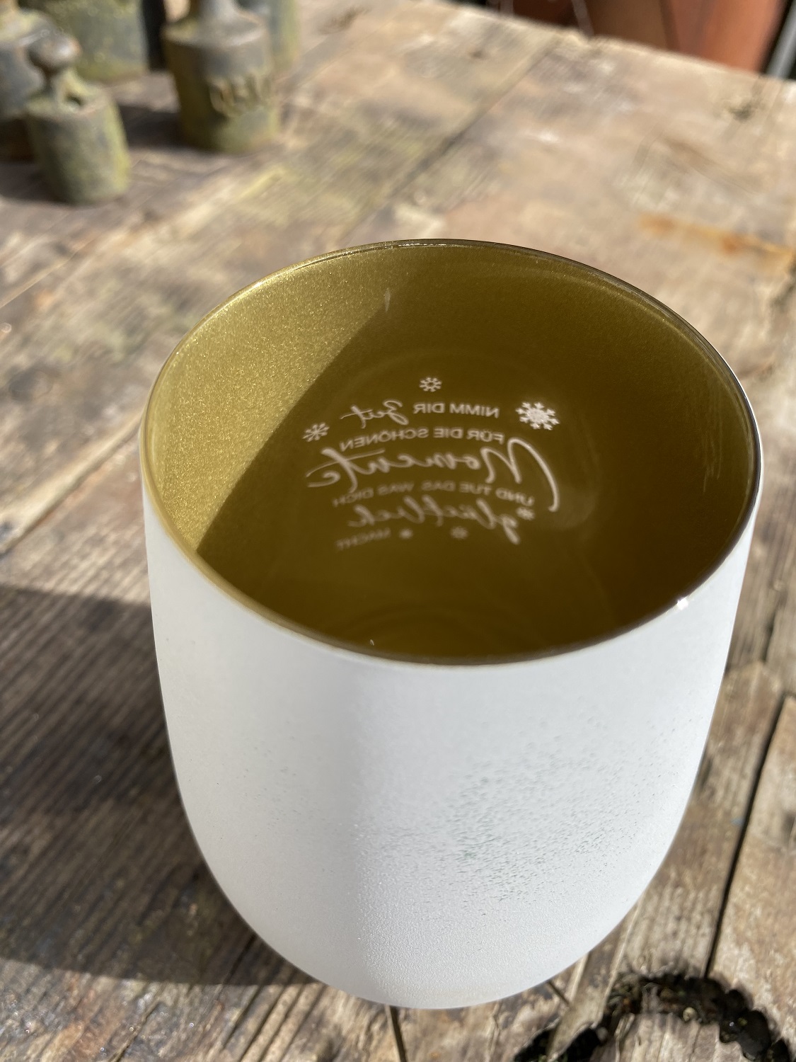 Gravur Windlicht Nimm dir Zeit für die schönen Momente weiß/gold - Höhe 12 cm