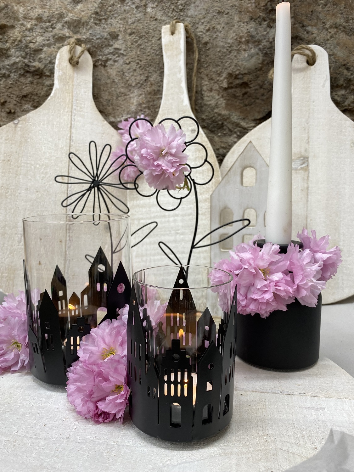 Metall Häuser schwarz klein mit Windlichtglas - Höhe 11 cm