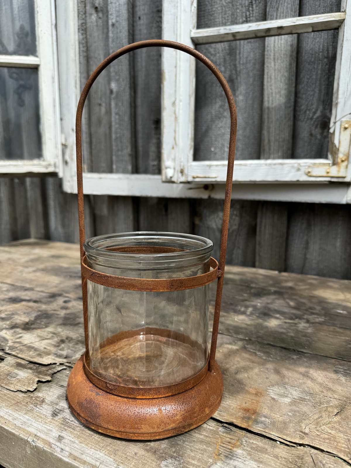 Edelrost Windlicht groß mit Glaseinsatz und Henkel - Höhe 32 cm