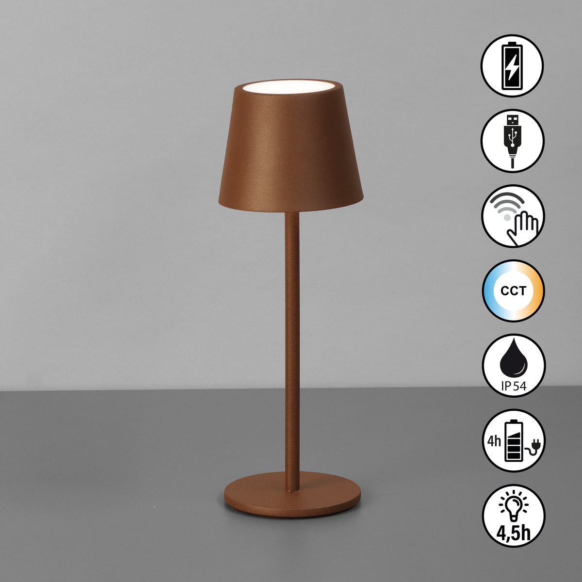 Tischleuchte Roxi Rostfarben mit Touch und Ladekabel - Höhe 27,5 cm